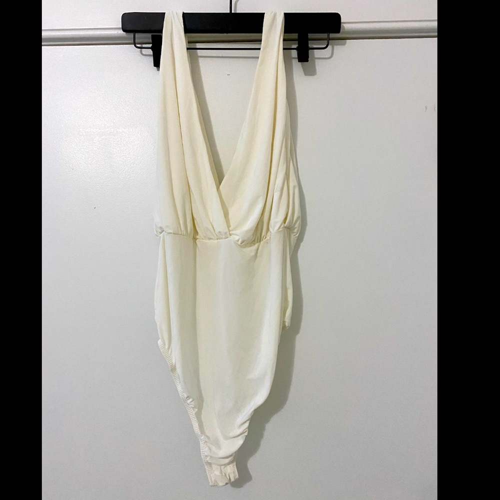 White silky deep v (front and back) bodysuit